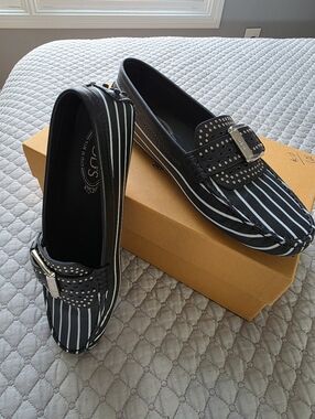 Tod's Black and White Stripe Studded Buckle Loafers